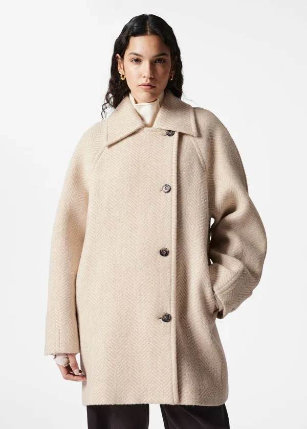 and Other Stories SingleBreasted MidLength Wool Coat Cream Herringbonepatterned Women Jackets and Coats