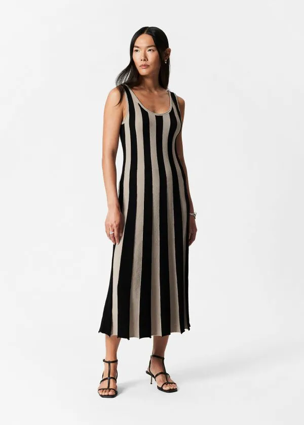 and Other Stories Slim Tank Midi Dress Blackandbeige Stripes Women Dresses