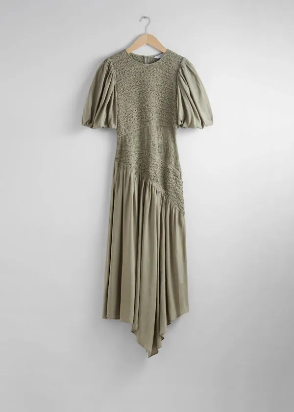 and Other Stories Smocked Asymmetric Midi Dress Khaki Women Dresses