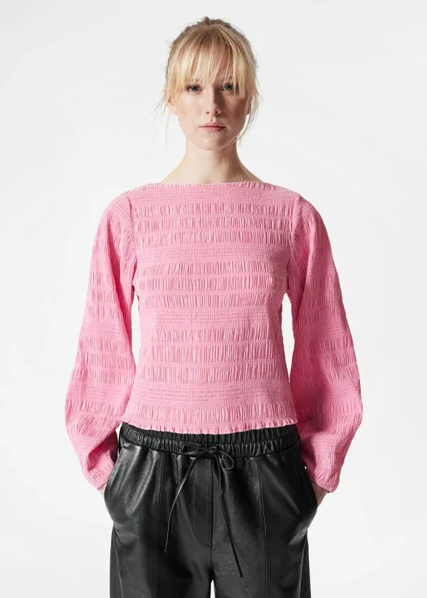 and Other Stories Smocked BoatNeck Top Pink Women Tops and Tshirts