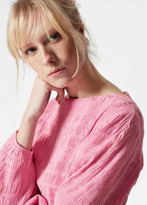 and Other Stories Smocked BoatNeck Top Pink Women Tops and Tshirts