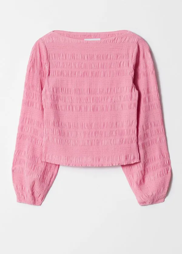 and Other Stories Smocked BoatNeck Top Pink Women Tops and Tshirts