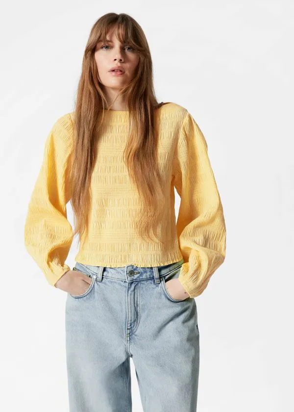 and Other Stories Smocked BoatNeck Top Yellow Women Tops and Tshirts