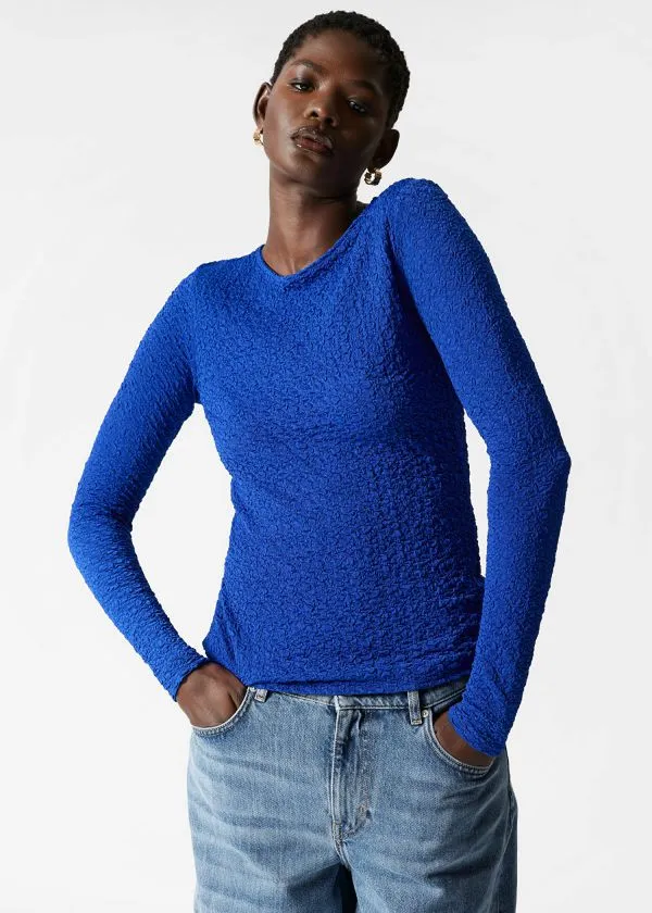 and Other Stories Smocked LongSleeve Top Blue Women Tops and Tshirts