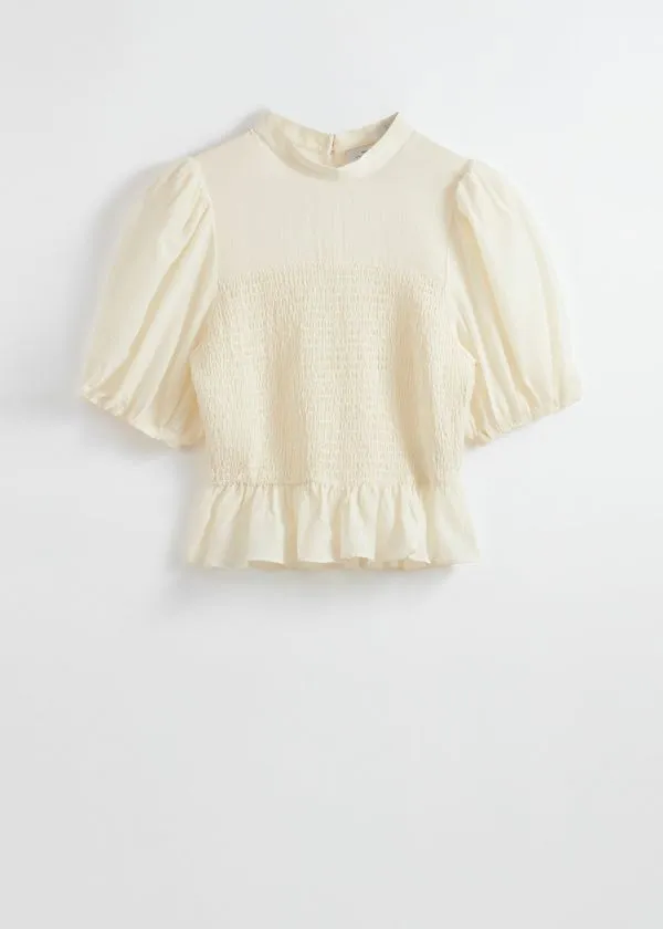 and Other Stories Smocked Peplum Blouse Cream Women Blouses and Shirts