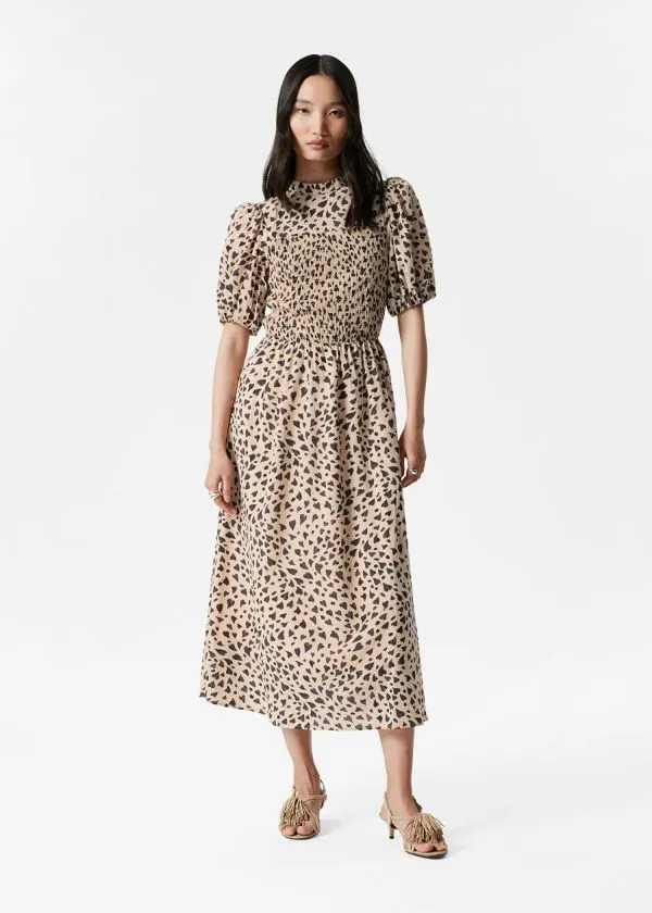 and Other Stories Smocked PuffSleeve Midi Dress Beige Heart Print Women Dresses