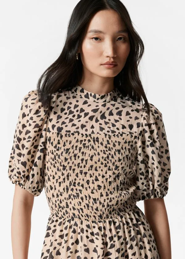and Other Stories Smocked PuffSleeve Midi Dress Beige Heart Print Women Dresses