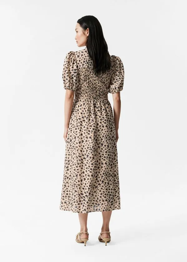 and Other Stories Smocked PuffSleeve Midi Dress Beige Heart Print Women Dresses