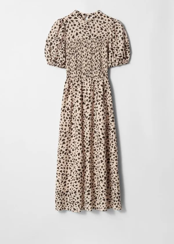 and Other Stories Smocked PuffSleeve Midi Dress Beige Heart Print Women Dresses