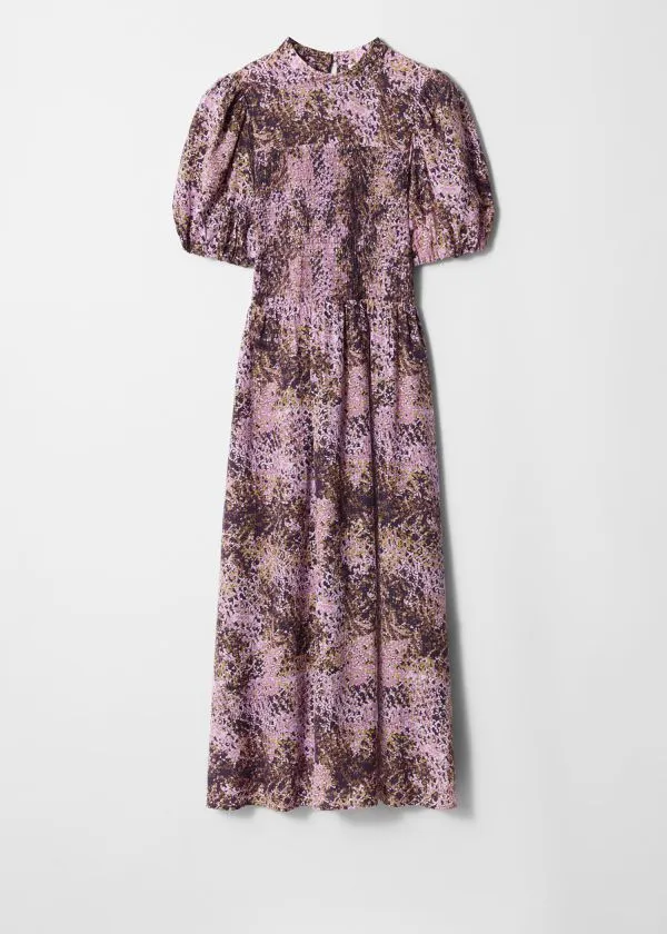 and Other Stories Smocked PuffSleeve Midi Dress Purple Print Women Dresses
