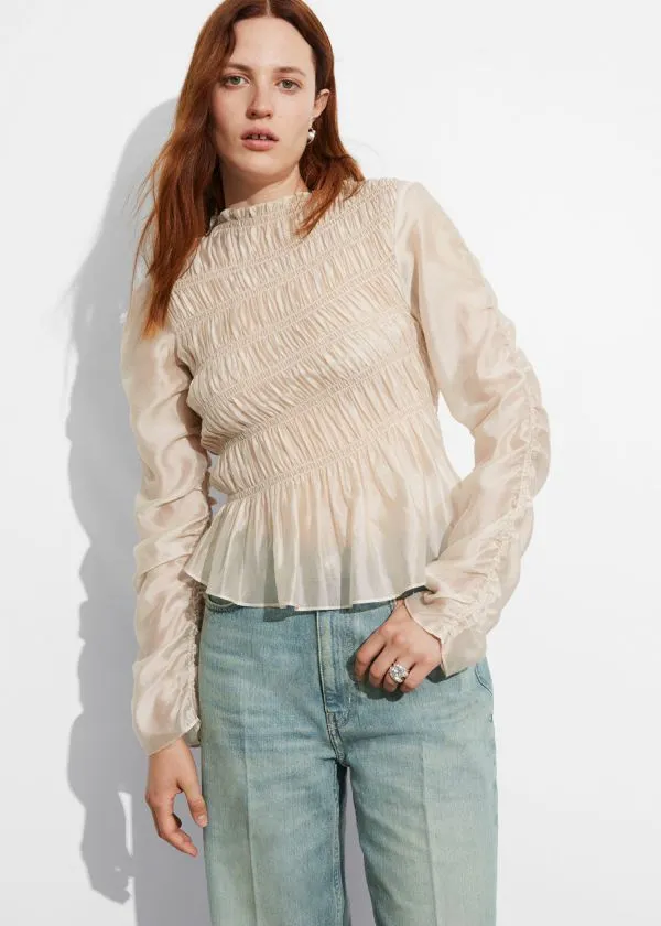 and Other Stories Smocked Top Beige Women Blouses and Shirts