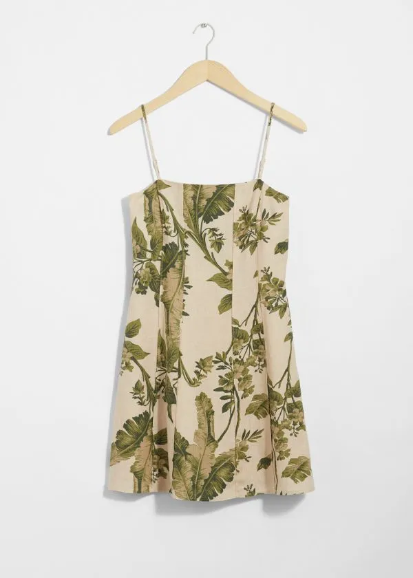 and Other Stories Strappy Linen Mini Dress Green Florals Women Dresses
