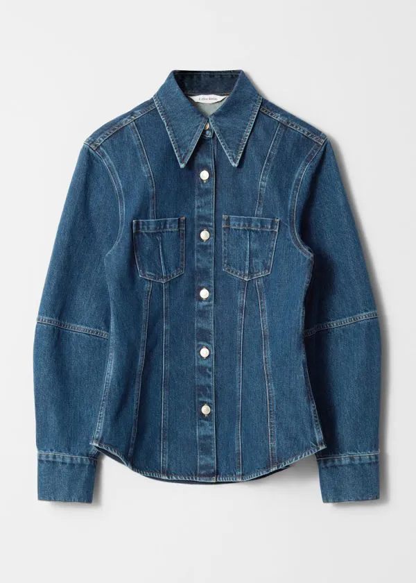 and Other Stories Tapered Denim Shirt Mid Blue Women Blouses and Shirts
