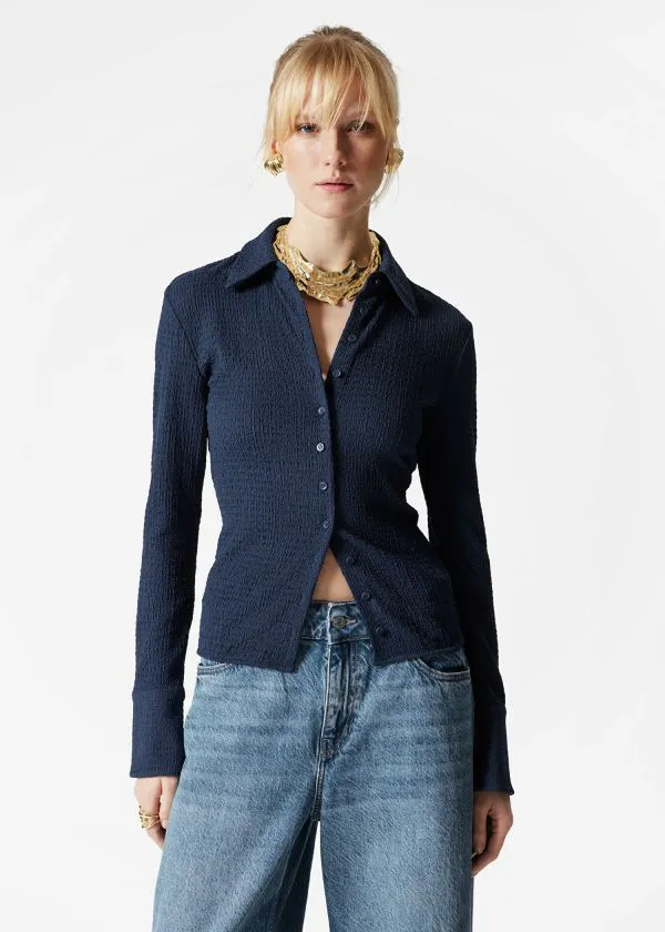 and Other Stories Textured LongSleeve Poloshirt Navy Women Blouses and Shirts