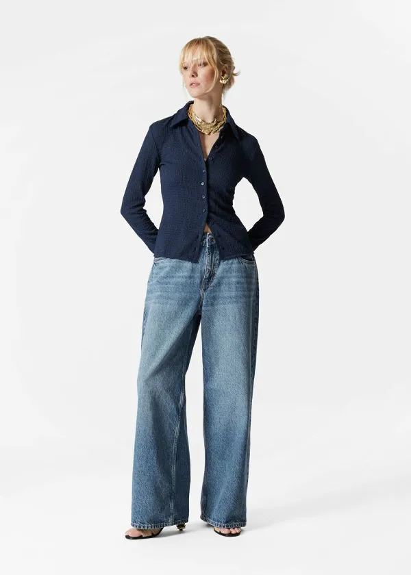 and Other Stories Textured LongSleeve Poloshirt Navy Women Blouses and Shirts