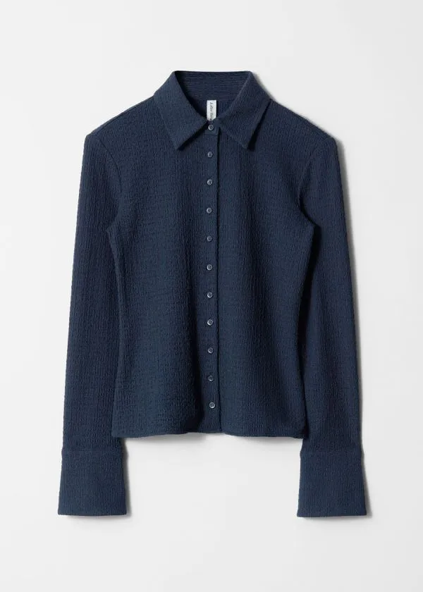 and Other Stories Textured LongSleeve Poloshirt Navy Women Blouses and Shirts