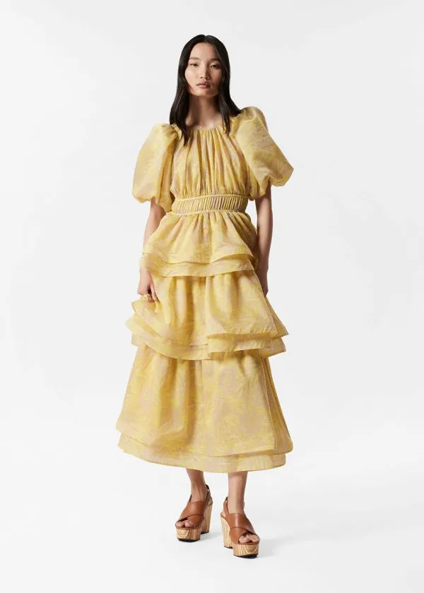 and Other Stories Tiered PuffSleeve Maxi Dress Yellow Jacquard Women Dresses