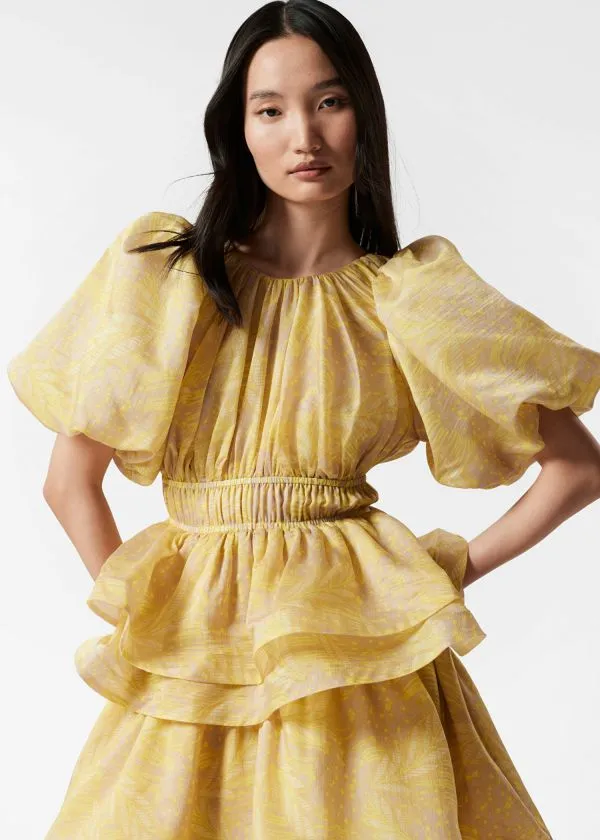 and Other Stories Tiered PuffSleeve Maxi Dress Yellow Jacquard Women Dresses