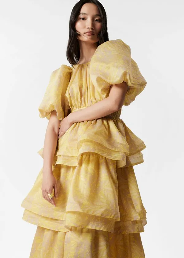 and Other Stories Tiered PuffSleeve Maxi Dress Yellow Jacquard Women Dresses