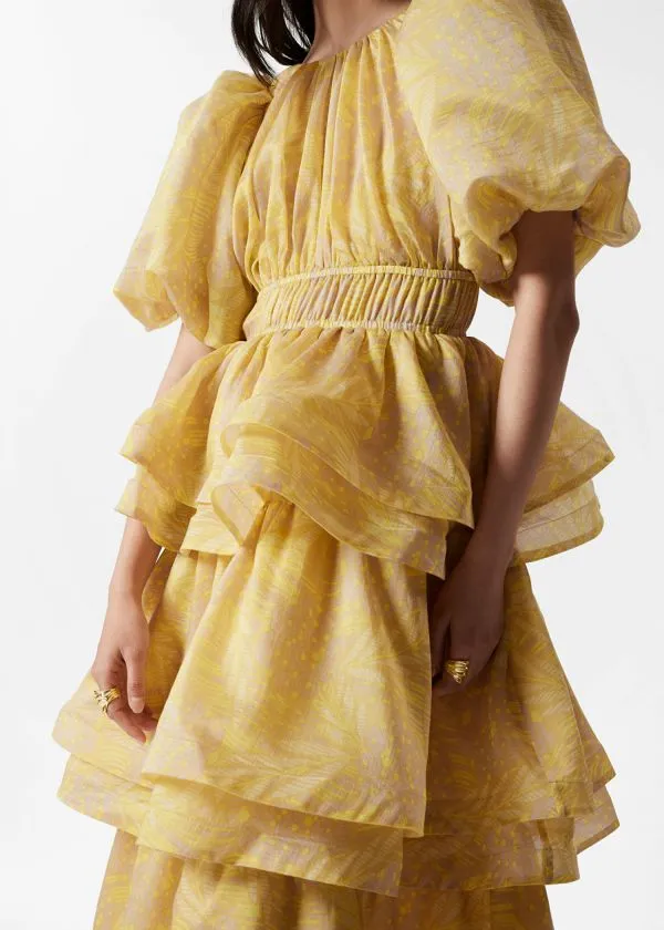 and Other Stories Tiered PuffSleeve Maxi Dress Yellow Jacquard Women Dresses