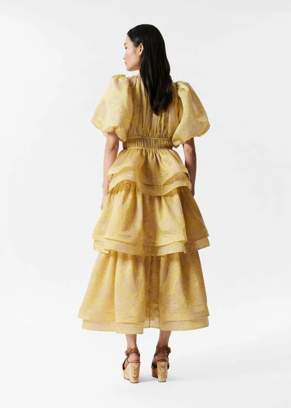 and Other Stories Tiered PuffSleeve Maxi Dress Yellow Jacquard Women Dresses
