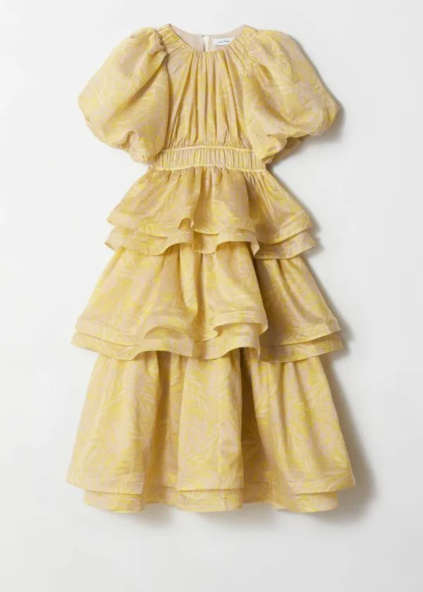 and Other Stories Tiered PuffSleeve Maxi Dress Yellow Jacquard Women Dresses