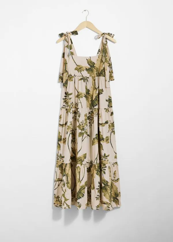 and Other Stories Tiered TieStrap Midi Dress Green Florals Women Dresses
