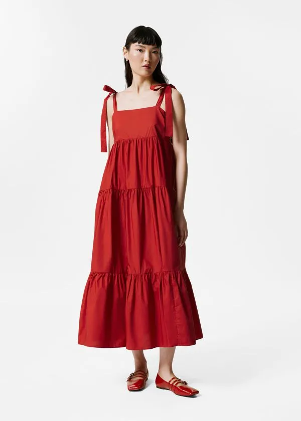and Other Stories Tiered TieStrap Midi Dress Red Women Dresses