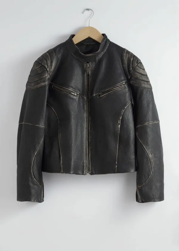 and Other Stories Topstitched Leather Jacket Black Women Jackets and Coats