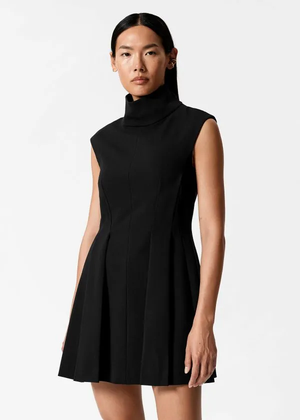 and Other Stories Turtleneck Pleated Mini Dress Black Women Dresses