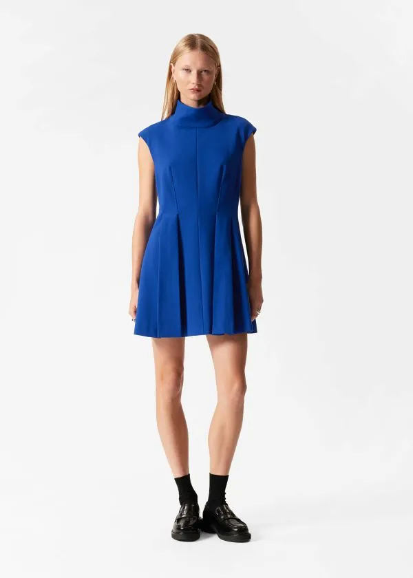 and Other Stories Turtleneck Pleated Mini Dress Royal Blue Women Dresses