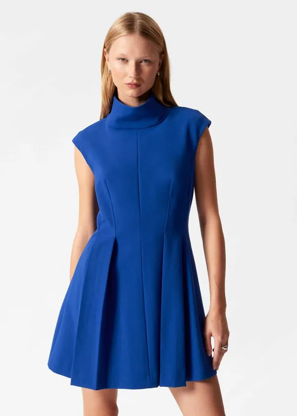and Other Stories Turtleneck Pleated Mini Dress Royal Blue Women Dresses