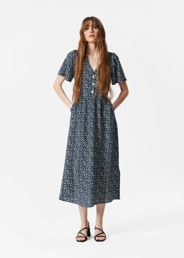 and Other Stories VNeck Midi Dress Navy Print Women Dresses