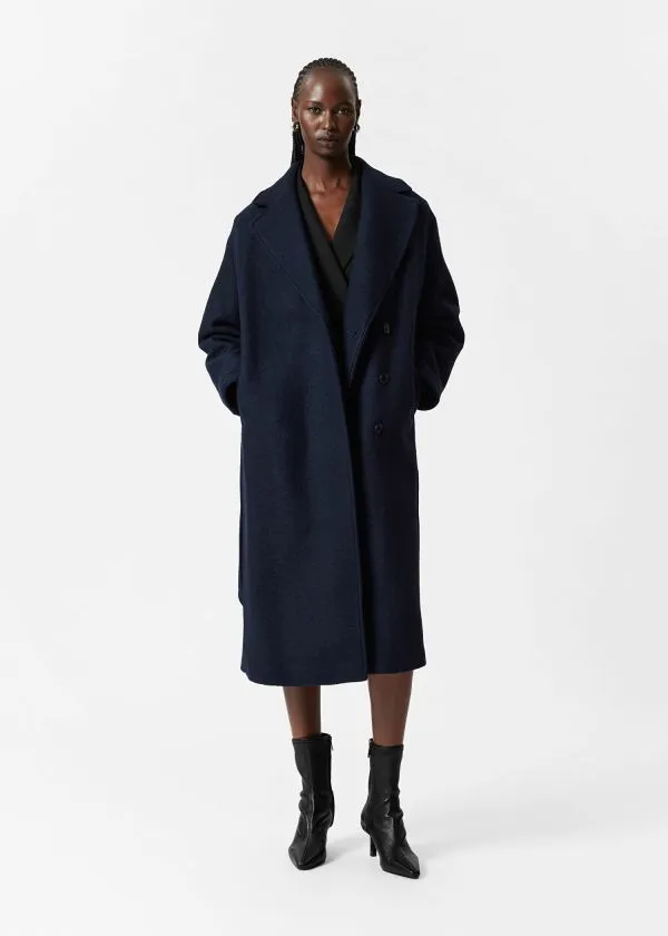 and Other Stories Voluminous Belted Wool Coat Navy Women Jackets and Coats