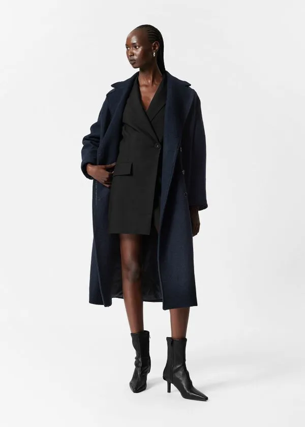 and Other Stories Voluminous Belted Wool Coat Navy Women Jackets and Coats
