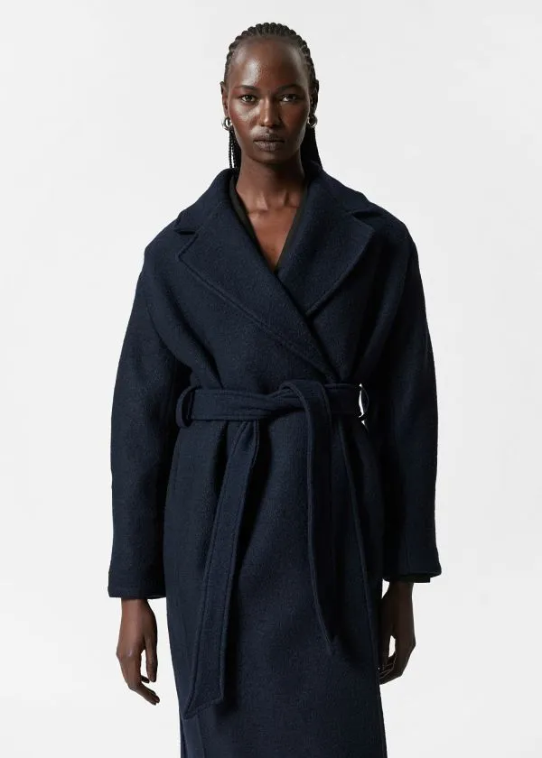 and Other Stories Voluminous Belted Wool Coat Navy Women Jackets and Coats