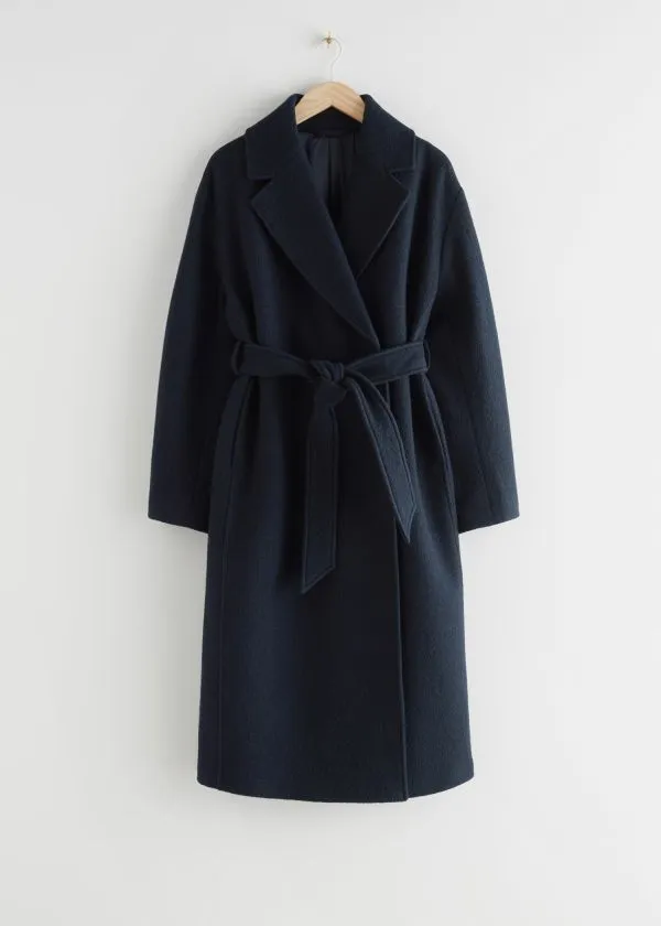 and Other Stories Voluminous Belted Wool Coat Navy Women Jackets and Coats