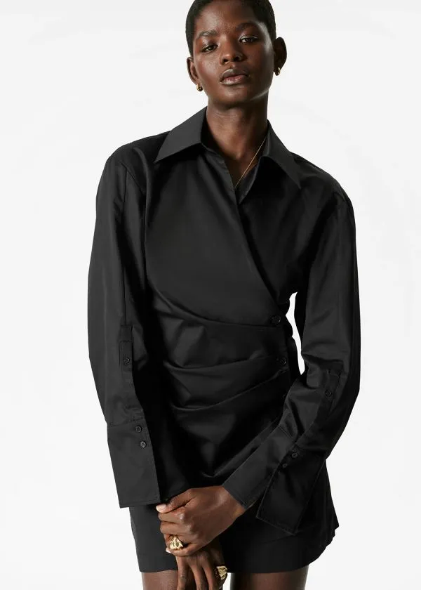 and Other Stories Wrap Shirt Mini Dress Black Women Dresses