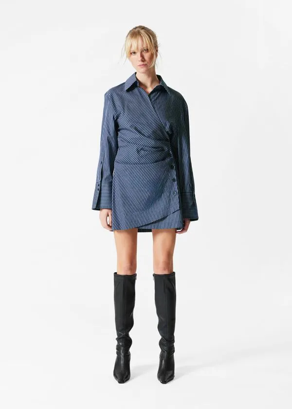 and Other Stories Wrap Shirt Mini Dress Blue Stripes Women Dresses