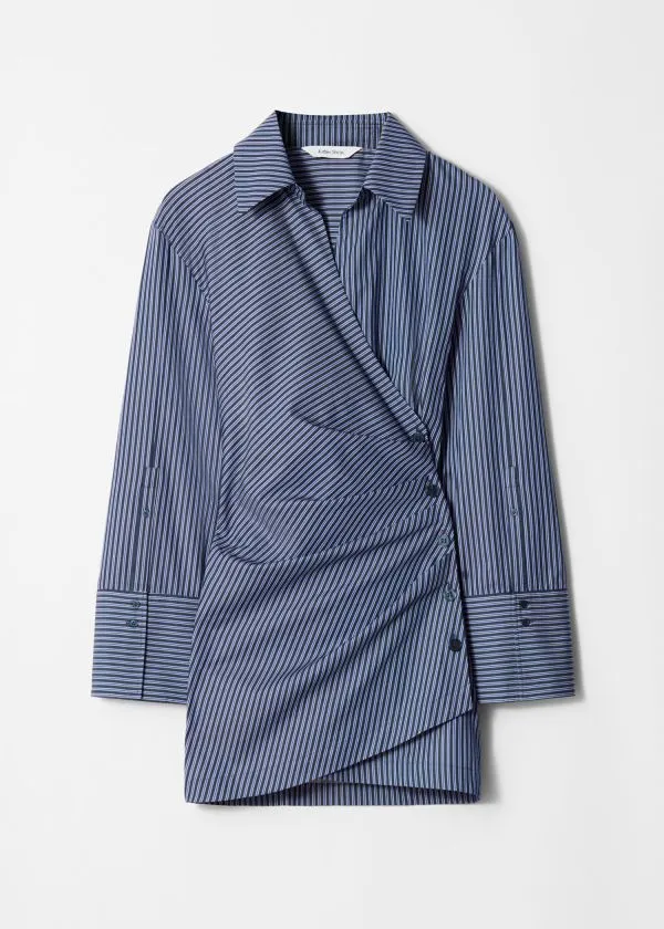 and Other Stories Wrap Shirt Mini Dress Blue Stripes Women Dresses