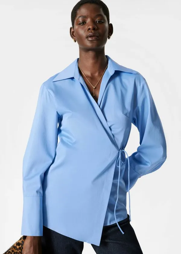 and Other Stories WrapTie Shirt Mid Blue Women Blouses and Shirts