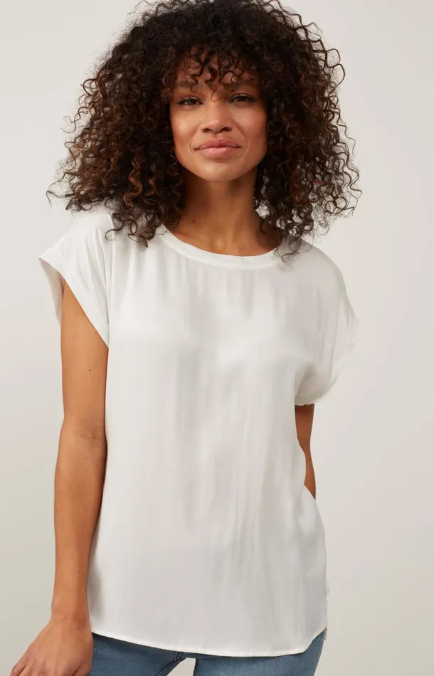 Basic Mixed Fabric Top With Round Neck And Cap Sleeves Off White Women YAYA Tops Basic Mixed Fabric Top With Round Neck And Cap Sleeves Off White Women YAYA Tops
