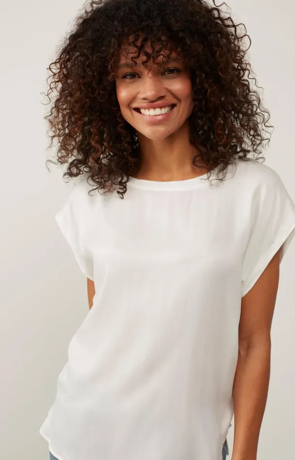 Basic Mixed Fabric Top With Round Neck And Cap Sleeves Off White Women YAYA Tops Basic Mixed Fabric Top With Round Neck And Cap Sleeves Off White Women YAYA Tops