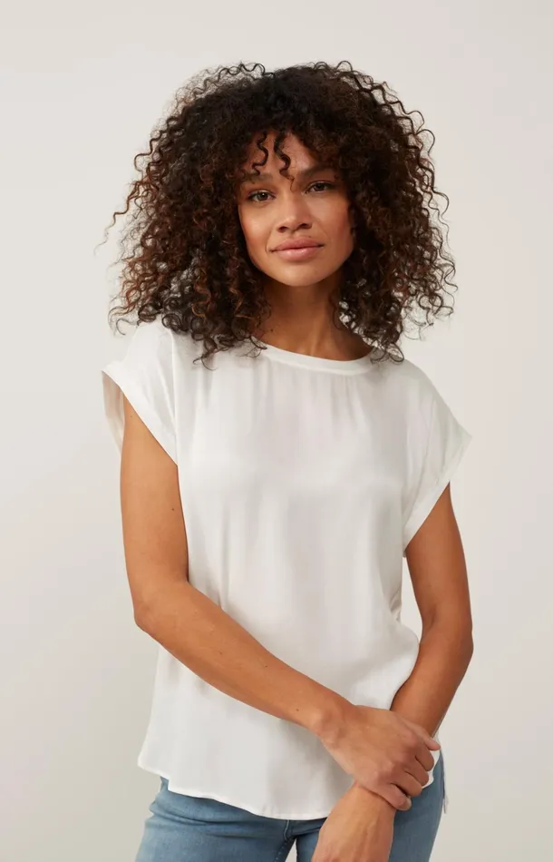 Basic Mixed Fabric Top With Round Neck And Cap Sleeves Off White Women YAYA Tops Basic Mixed Fabric Top With Round Neck And Cap Sleeves Off White Women YAYA Tops