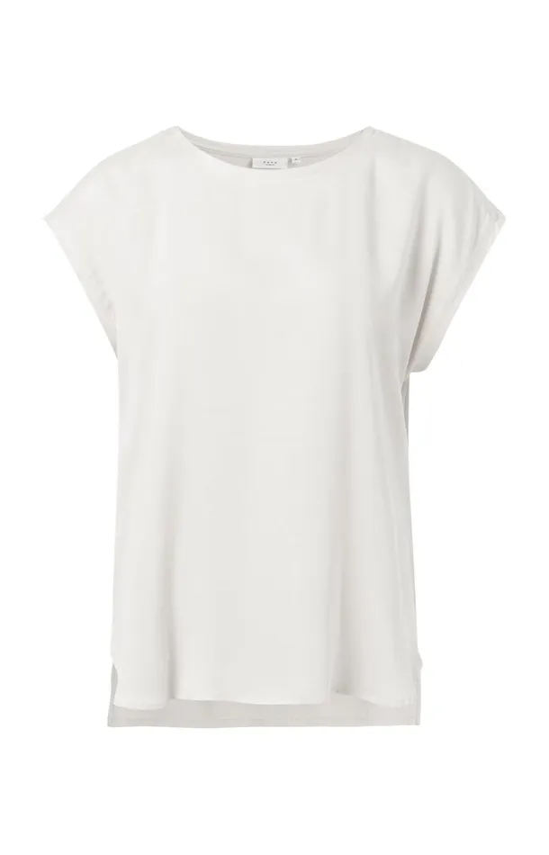 Basic Mixed Fabric Top With Round Neck And Cap Sleeves Off White Women YAYA Tops Basic Mixed Fabric Top With Round Neck And Cap Sleeves Off White Women YAYA Tops
