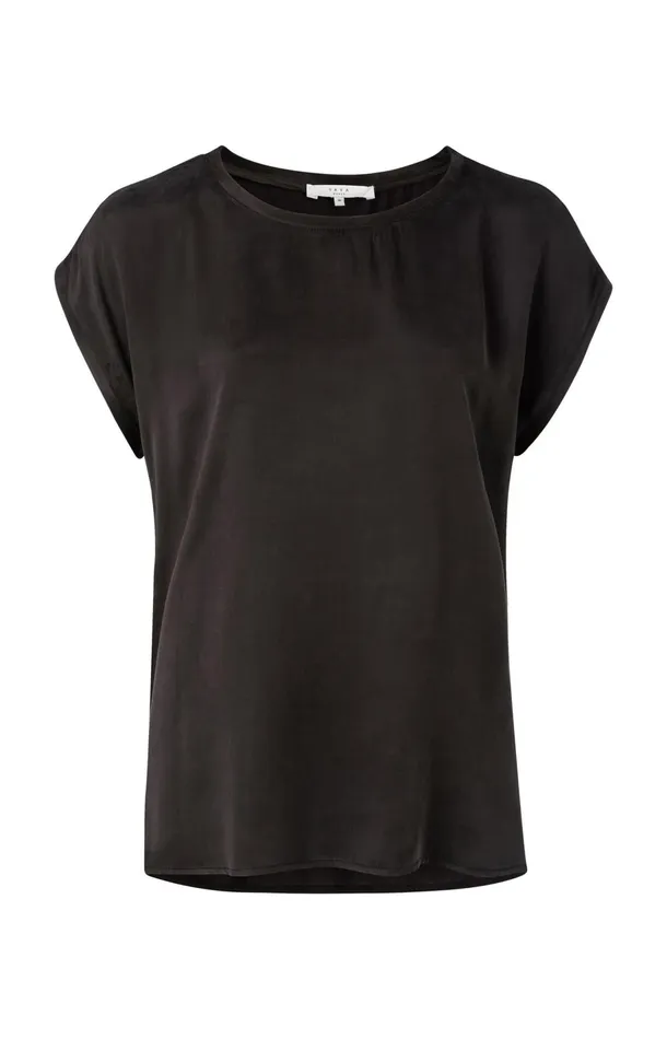 Basic Mixed Fabric Top With Round Neck And Cap Sleeves Pirate Black Women YAYA Tops Basic Mixed Fabric Top With Round Neck And Cap Sleeves Pirate Black Women YAYA Tops
