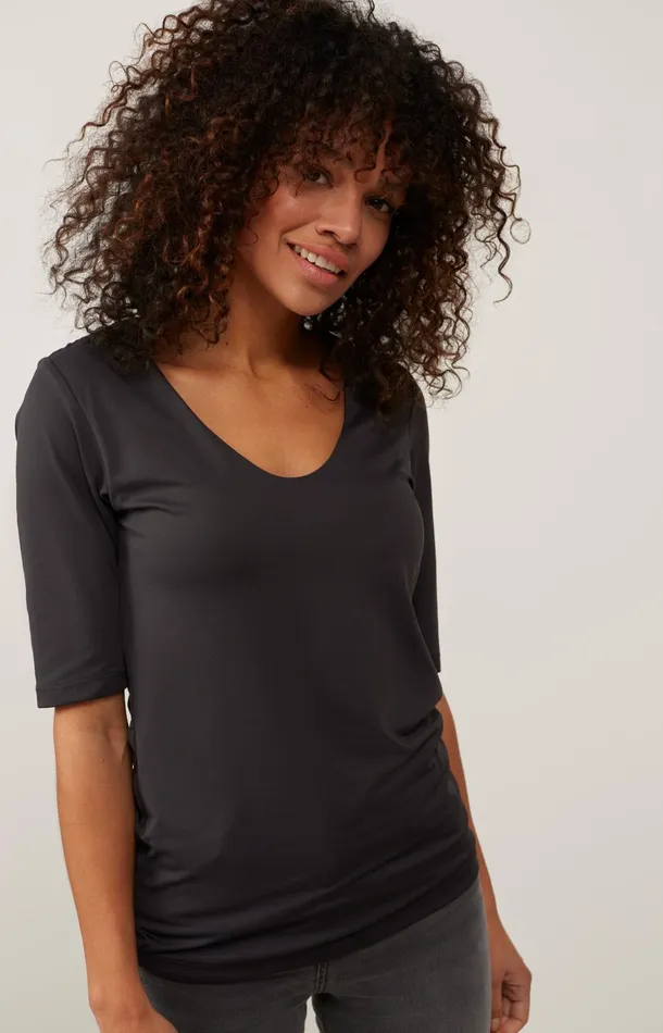 Basic Tshirt With Round Vneck And Midlength Sleeves Pirate Black Women YAYA Tshirts Basic Tshirt With Round Vneck And Midlength Sleeves Pirate Black Women YAYA Tshirts