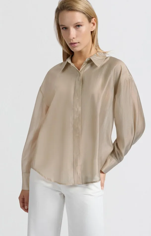 Blouse With Hidden Button Placket And Loose Fit Humus Beige Women YAYA Blouses