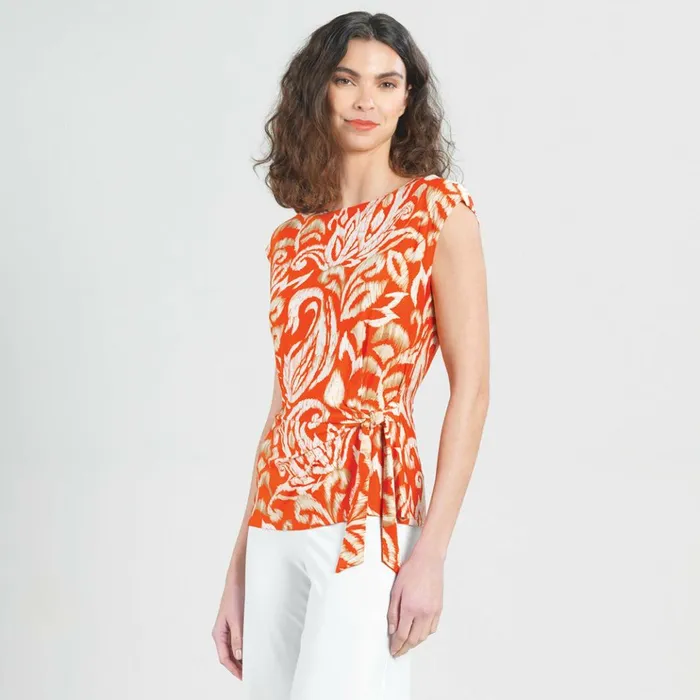Butter Knit 8211 Cap Sleeve Side Tie Top 8211 Paisley Lotus Coral 8211 Final Sale Women Clara Sunwoo Tops Tunics