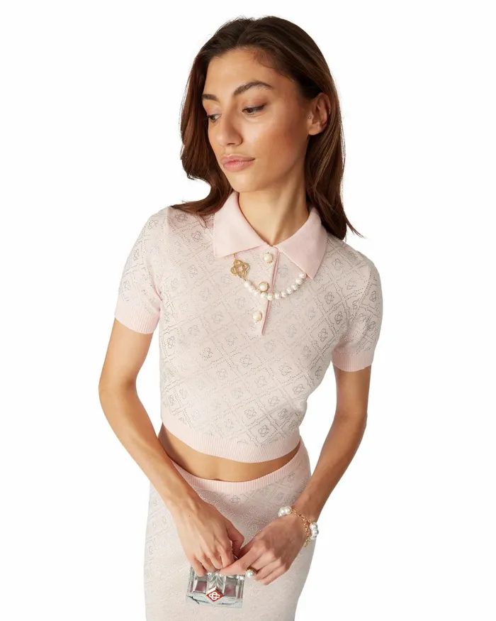Casablanca Paris Knitwear Crystal Monogram Knit Polo Shirt 8211 Women